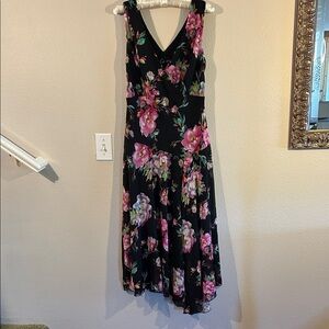 Connected Apparel Black and Pink Floral Midi Dress